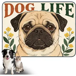 Nuxovilar Pet Dog Supplies Food Mat Pug-Inspired Polyester (23.62*17.71 inches) Bowl Water Spill Pad Feeding Essentials for Home, Kennel, Feeding Station