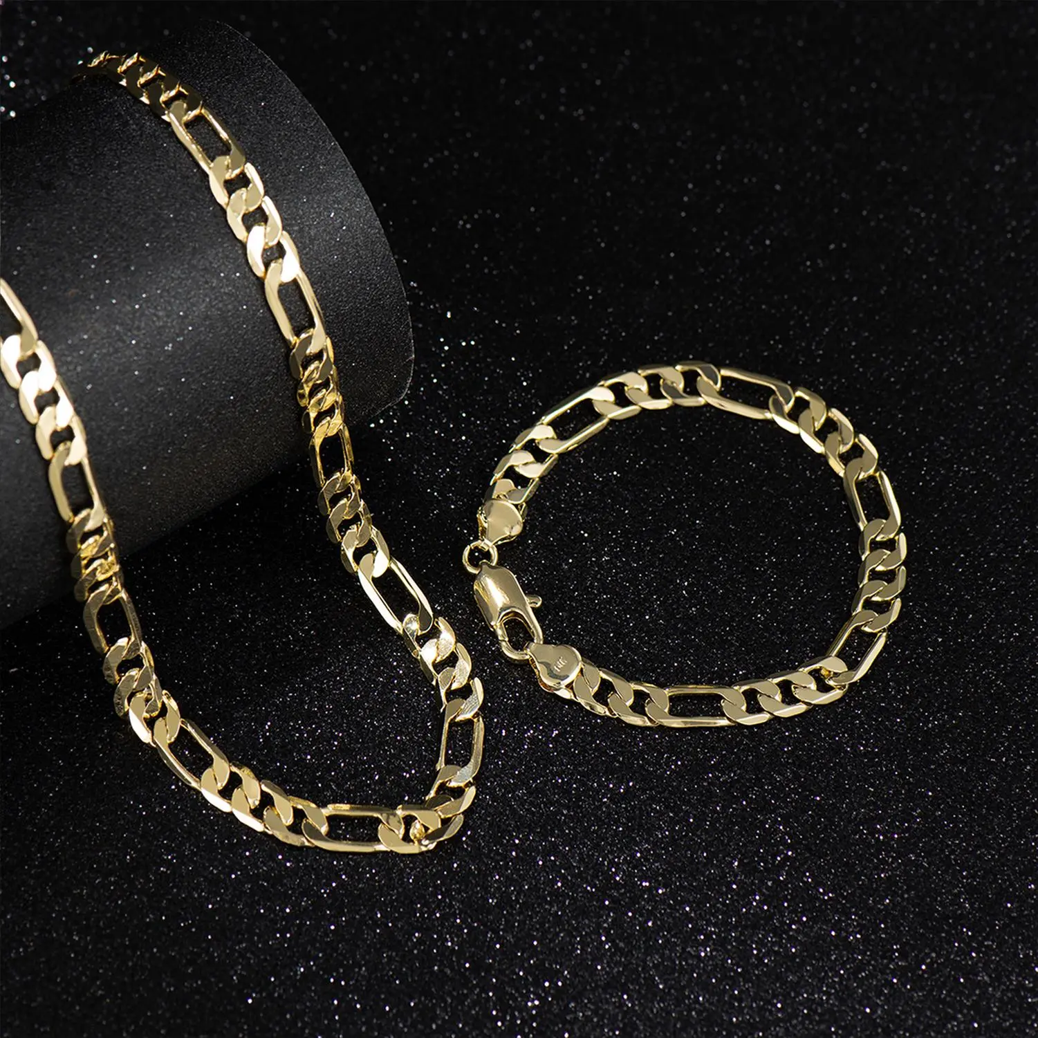 GlimmerS14K Gold-Plated Cuban & Figaro Set, Bracelet, Necklace - 8mm/10mm Wide, High Quality Chains Necklacev
