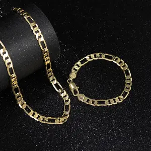 GlimmerS14K Gold-Plated Cuban & Figaro Set, Bracelet, Necklace - 8mm/10mm Wide, High Quality Chains Necklacev