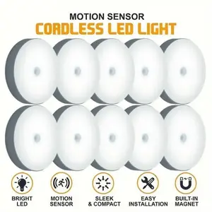 5-10 LEDs Motion Sensor Light, USB Rechargeable Round LED Light, Dimmable Night Light for Bathroom, Storage Cabinet, Stairway, Corridor & Office Space