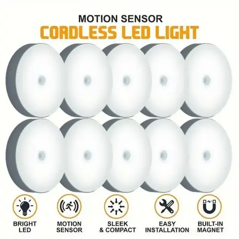 Cordless Table Lamp - 5-10 LED Motion Sensor USB Rechargeable Round Dimmable Plastic Nightlight with Automatic On/Off, Ideal for Bathrooms, Cabinets, Stairs