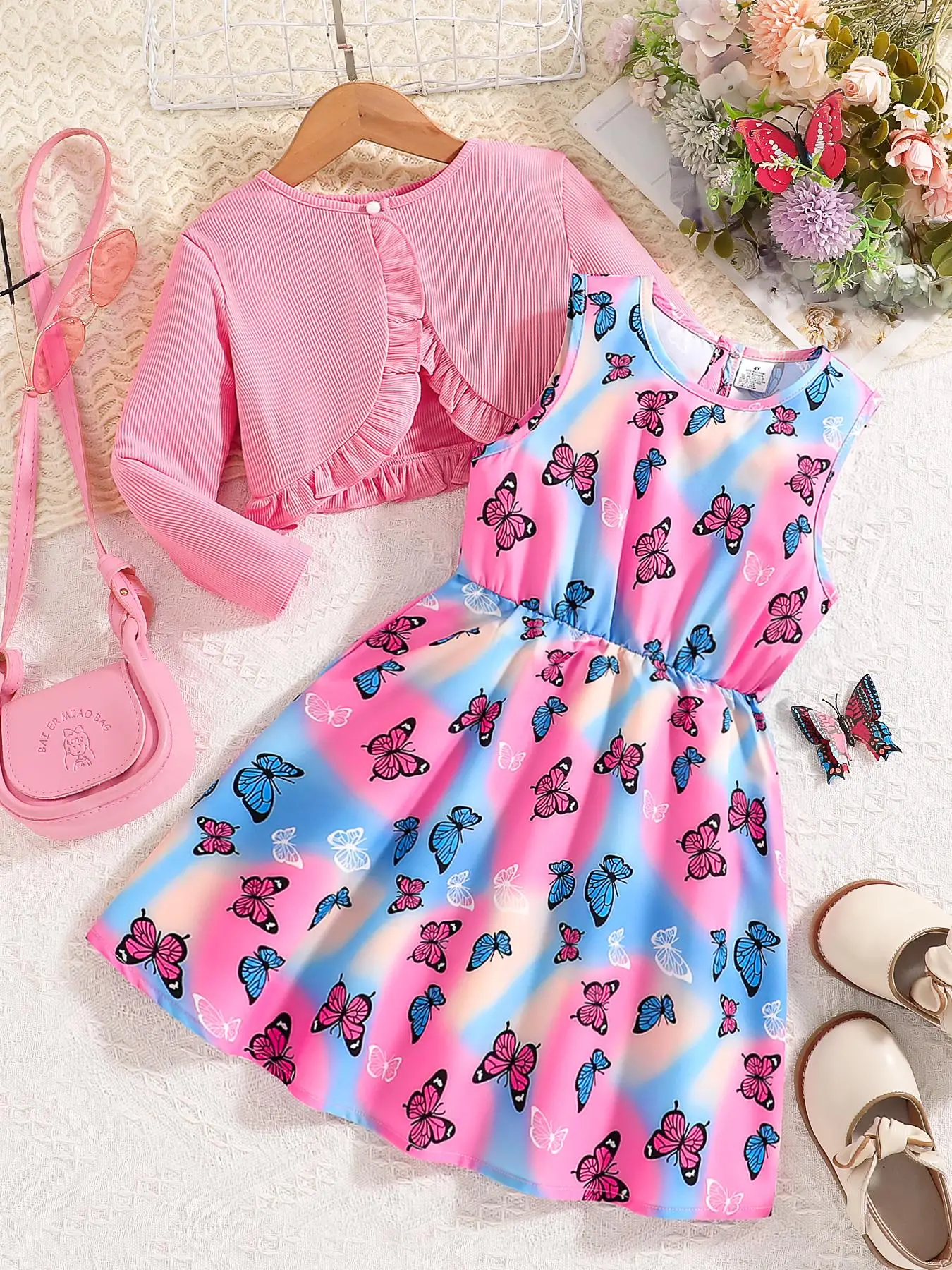 Girl's Butterfly Print Two-piece Set, Casual Solid Long Sleeve Top & Colorblock Ombre Print Dress, Kids Spring & Fall Outfits