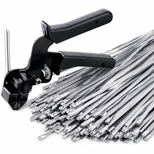 11.8 inch Metal Zip Ties with Stainless Steel Cable Tie Gun – Special Fastening & Cutting Tool for Steel Zip Ties, Ideal for Chain Link Fences, Exhaust Pipes & Outdoor Use Self-locking Metal Zip Ties Tool