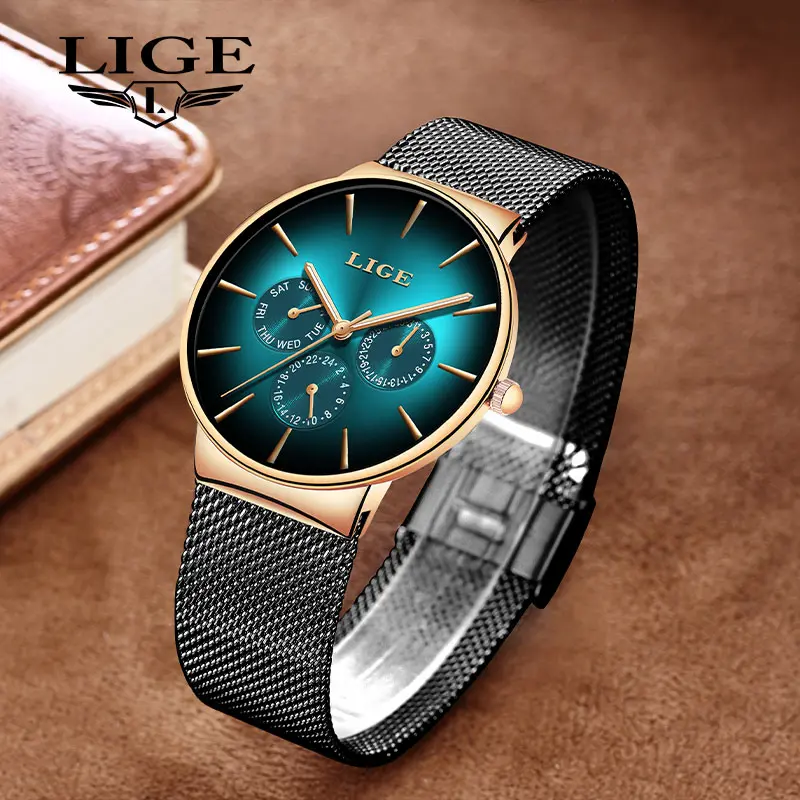 LIGE Minimalist Fashion Men's Quartz Watch with Mesh Stainless Steel Band, Week, Date, and 24-Hour Subdial, 3ATM Water Resistance