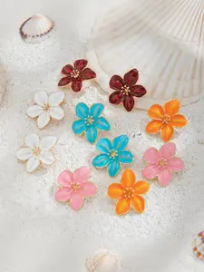 Colorful Enamel Flower Stud Earrings Set, Boho Summer Style, Daily Wear, Vacation, Music Festival, Titanium Alloy, All Seasons