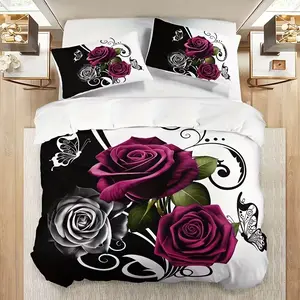 3-Piece Rose Floral Down Comforter Set, 100% Polyester, Elegant Bedding, Perfect for Bedroom Decor, Soft and Comfortable, Decorative Bedding Set