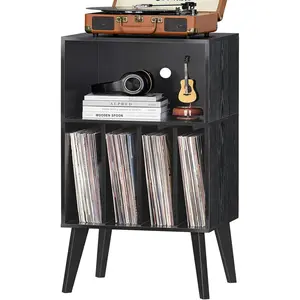 Black Record Player Stand - Mid-Century Vinyl Storage Cabinet with 160 Album Holder Display, Solid Design for Bedroom & Living Room Use