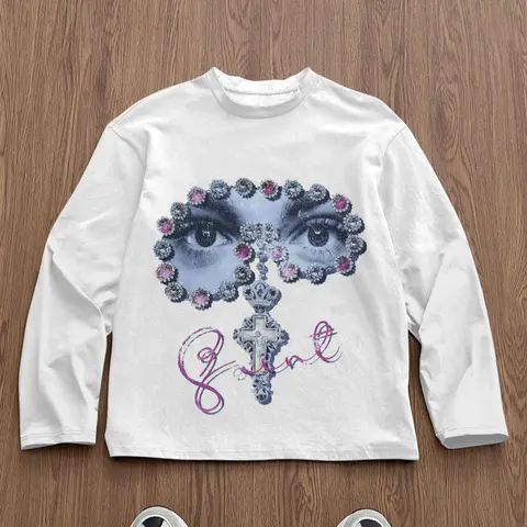 Men's Slim-Fit Round Neck Graphic Long Sleeve T-Shirt, Eye Gem Cross Art Print, Casual Street Style, Streetwear, All-Season Wear, Unisex Fashion Tee, Garment, Artwork Tee