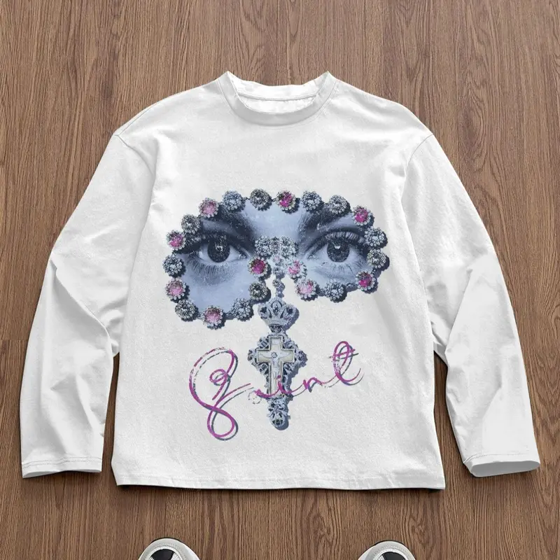 Men's Slim-Fit Round Neck Graphic Long Sleeve T-Shirt, Eye Gem Cross Art Print, Casual Street Style, Streetwear, All-Season Wear, Unisex Fashion Tee, Garment, Artwork Tee