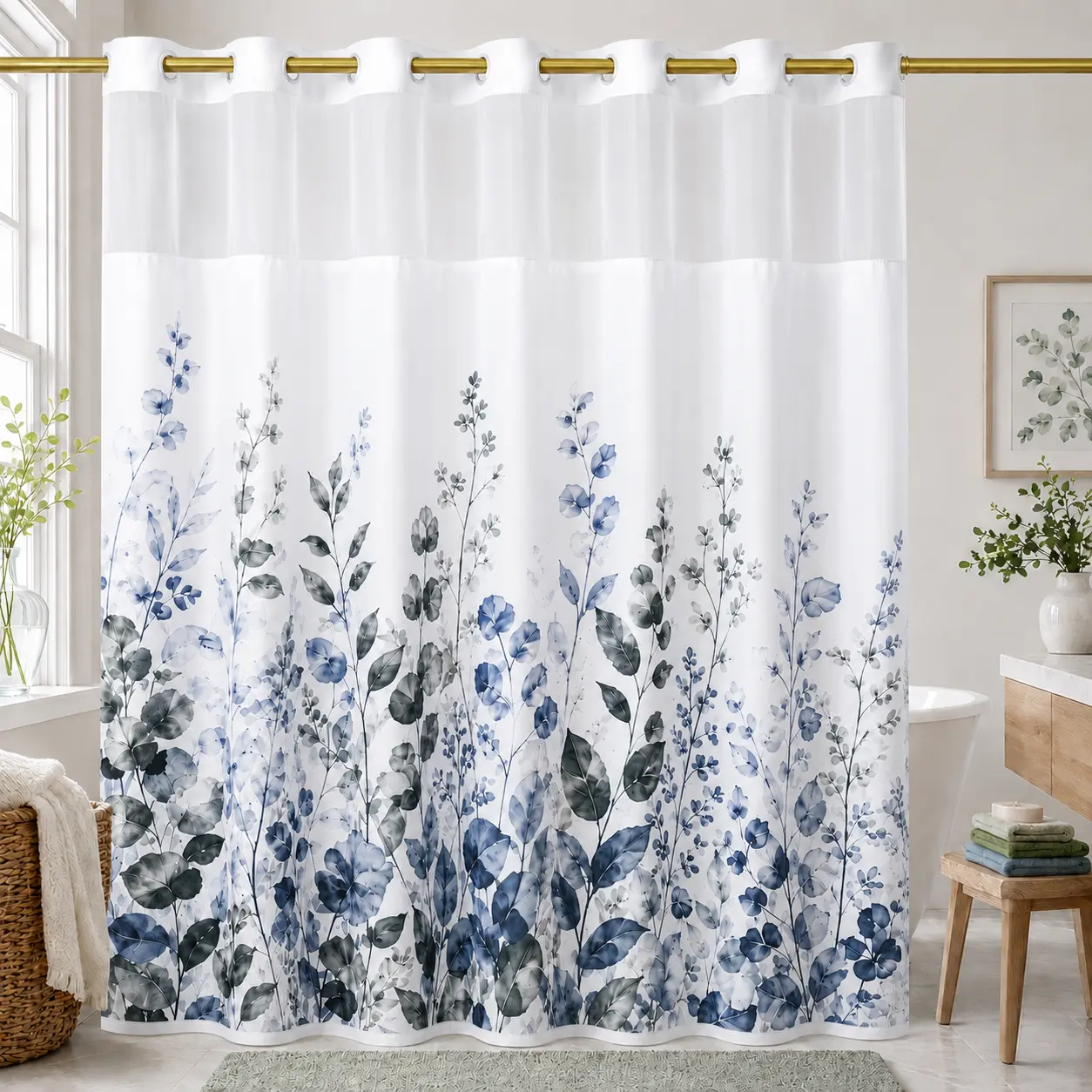 Hookless Shower Curtain with Snap-in Liner, Double Layer Floral Botanical Shower Curtain Set, Sheer Top Window, Waterproof & Washable Bathroom Curtain, 72 x 75 Inch