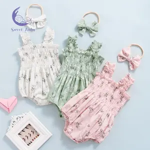 Baby Girl´s Sleeveless Jumpsuit Floral Print Elastic Bust Shoulder Straps Romper Bow Headband