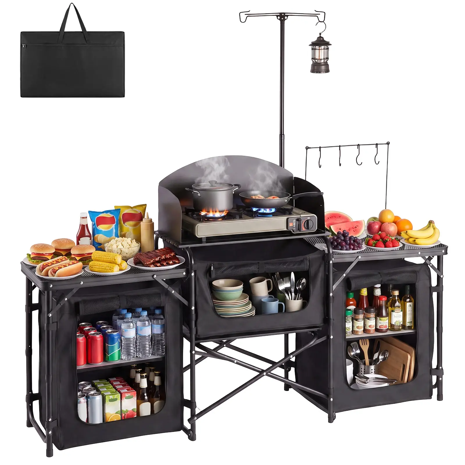 【SummerFinds】VEVOR Folding Camping Table, Portable Outdoor Kitchen Station with Iron Frame, 3-Cabinet Storage Organizer, Windscreen & Carrying Bag for BBQ, Picnic, RV Travel