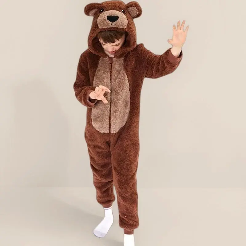 L-A18 Kids' Brown Bear Flannel Onesie Sleepwear Pajamas - Snug-Fit Costume for Boys & Girls, Ideal Gift, Toddler, Long Sleeves, Daily Wear, 2-3T