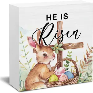 He is Risen Decor, Bunnies Eggs Cross Wooden Block Sign, Christian Easter Decorations, Religious Easter Decor for Desk Table Shelf, 5 X 5 Inches