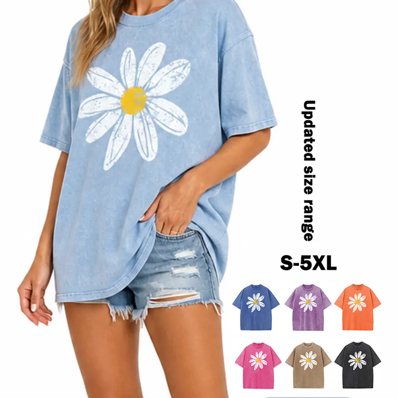 Holafish Lady's Vintage Floral Print Oversized Acid Wash Heavy Cotton Crew Neck T-Shirt - Drop Shoulders, Short Sleeve, Plus Size (S-5XL) Garment, Casual Streetwear Piece, Cold Wash Tshirt