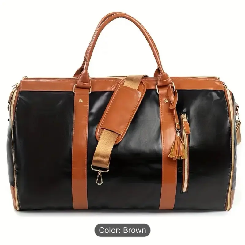 Large capacity Black/brown suit carrier bag - durable, foldable with zipper closure and front pocket