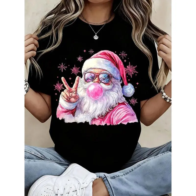 Family T-Shirt Fun Santa Claus blowing bubblegum Christmas T-shirt, women's casual holiday graphic T-shirt with sunglasses and peace sign, festive Christmas top, suitable for parties or as a gift; men's T-shirt, Thanksgiving and Christmas gift, plus size