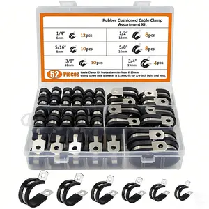 52pcs Stainless Steel Hose Clamp Set, R Type Cable Clamps with Rubber Strips, Corrosion Resistant Wire Fixing Clips, 6mm to 19mm