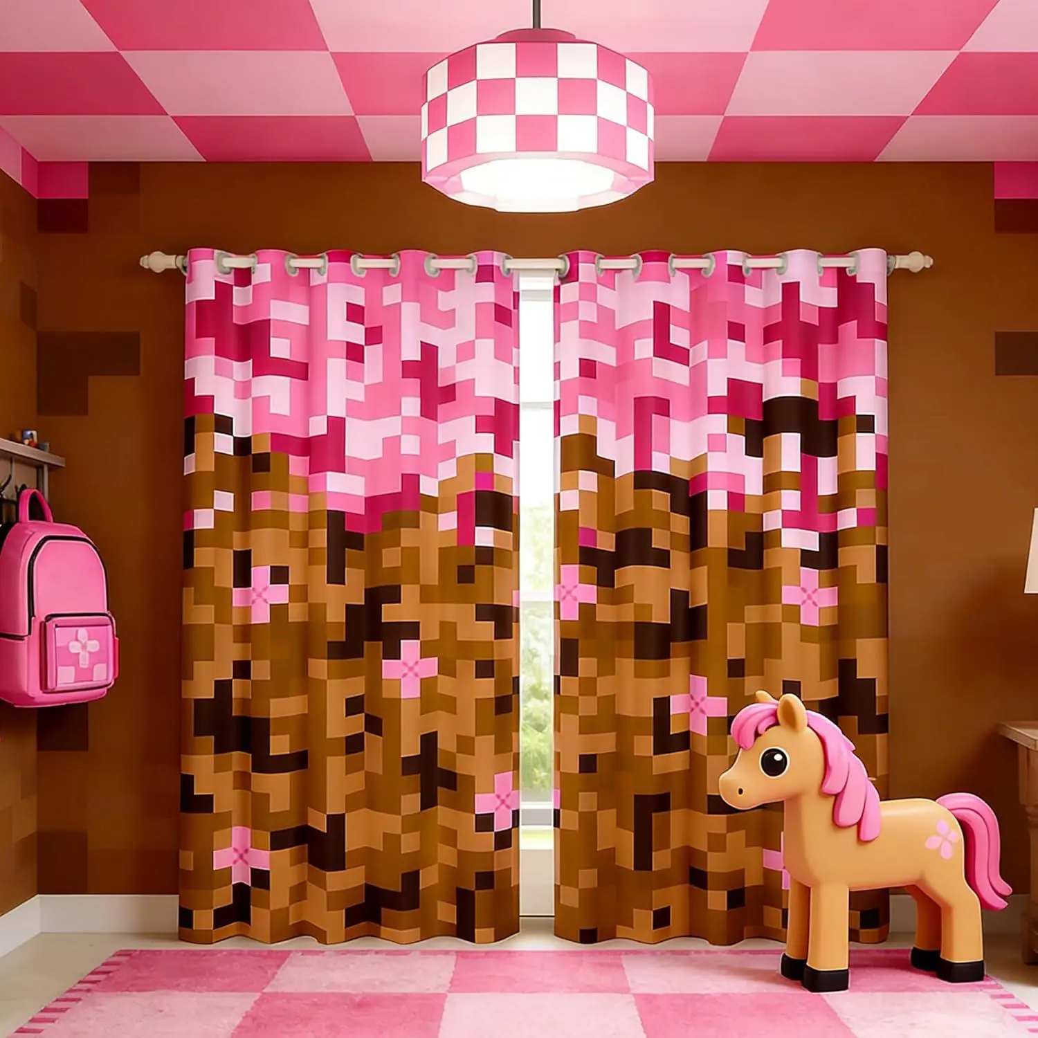 Miner Theme Games Window Curtain,Pixel Pink Brown Window Treatment Curtain,Kids Teens Adult Building Gamers Bedroom Curtains Block Patchwork Living Room Decor Top 2 Panels