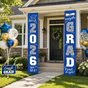 Graduation Decorations 2026, Class of 2026 Congrats Grad Banner, Blue Silver Porch Sign, Outdoor Graduation Party Supplies