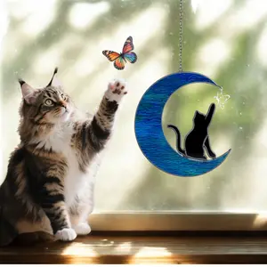 Cat Mom Gift, Black Cat Stained Glass Window Hanging: Cat Ornaments with Blue Moon Gifts for Women - Suncatchers for Windows & Patio Decor