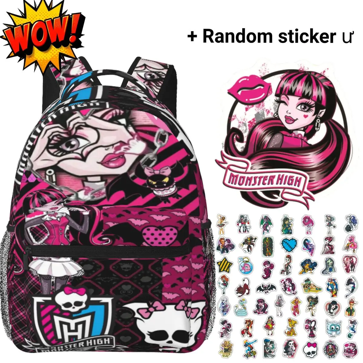 Monster High Backpacks for School Draculaura Patchwork All-Over Print, Large Capacity Pink Black Bat Goth Monster High Laptop Daypack for Campus Daily Commute, Cartoon Monster High School Bag Gift for Teens Girls Students Fans