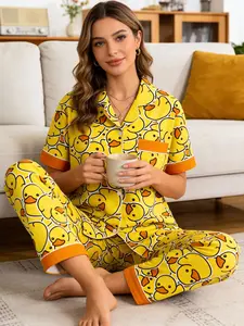 Women's Sleepwear Set, Duck Print Home Clothing, Comfortable Collared Top and Long Pants, Cozy Loungewear for Daily Wear, Pajama Set