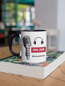 On Air Two-Tone Mug – Red or Black Microphone Coffee Cup for Voice Actors, Podcasters & Broadcasters