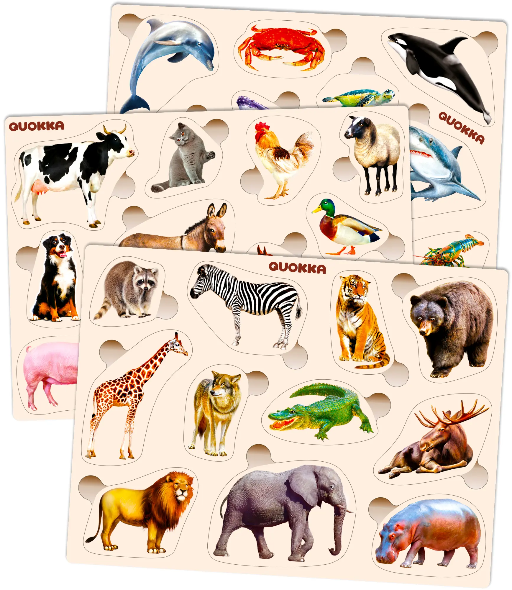 QUOKKA Unisex 3-Set Beginner Wooden Shape Recognition Jigsaw Set - Waterproof Shape Sorting Puzzle Game for Toddlers Ages 1-3 & 1 Month, 9.8x0.9x7.5in Natural Wood Animals & Nature Developmental Toys, Shape Sorting Game