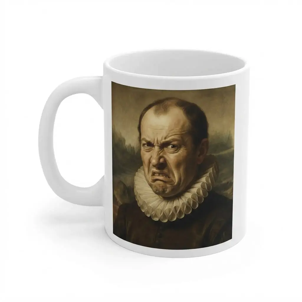 Durable Ceramic Mug Featuring a Classical Portrait with Dramatic Grimace - Sturdy Glossy Art Parody Kitchenware and Drinkware, Hand Wash-Only Sarcastic Gift for Art Lovers, Unique Birthday Present with Renaissance Collar Design, High-Quality Daily Us
