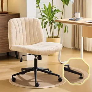 VINGLI Criss Cross Legged Chair,Wide Comfy Office Desk Chair,Dual-Use with/no Wheels Computer Task Chair,Swivel Armless Vanity Boucle Chair for Study,Make Up,Home Office,Teddy Fleece,Khaki
