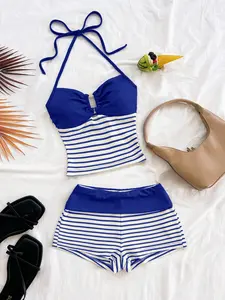 Women's Two-Piece Set with Thin Straps Top and Shorts, Metal Buckle Stripe, Striped, Perfect for Parties, Valentine's Day, Bohemian Style