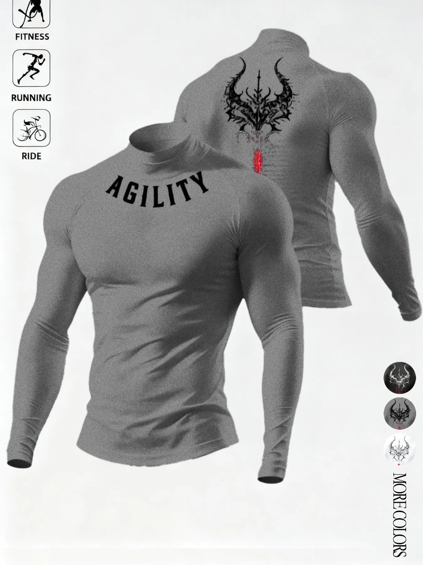 Men’s High-Elasticity Athletic Shirt AGILITY – Dark Thorns Cross Print, Compression Fitness Long Sleeve, Stylish and Cool, Dark Color, Quick-Drying, Breathable, Compression Sportswear Suitable for Various Scenarios Such as Fitness, Running, Cycling, and B