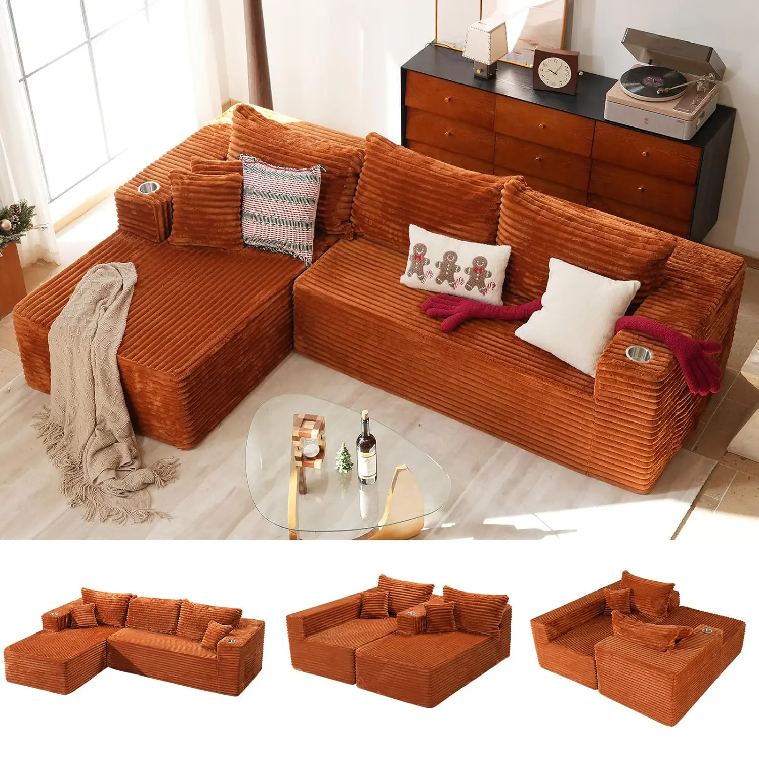 ABCASA Oversized 108” Boneless Cloud Couch, Comfy Modular Sectional Sofa, L-Shape Soft Corduroy Sofa with Chaise, Memory Foam Upholstered Couch for Living Room, Bedroom, No Assembly Required Cozy Sofa Bed Adaptable To Various Room Layouts