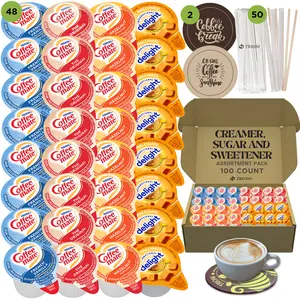 Coffee Mate Coffee Creamer Singles Variety Pack Bundle - Original, French Vanilla, Hazelnut and Caramel Macchiato Flavors Beverage with Stirrers & Coasters