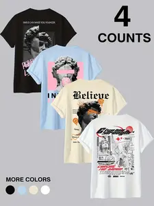 4-Pack Trendy Greek Culture Plaster Statue Print T-shirt   Breathable Versatile Short Sleeve, Youth Street Art Style Casual Top, Multiple Colors Available