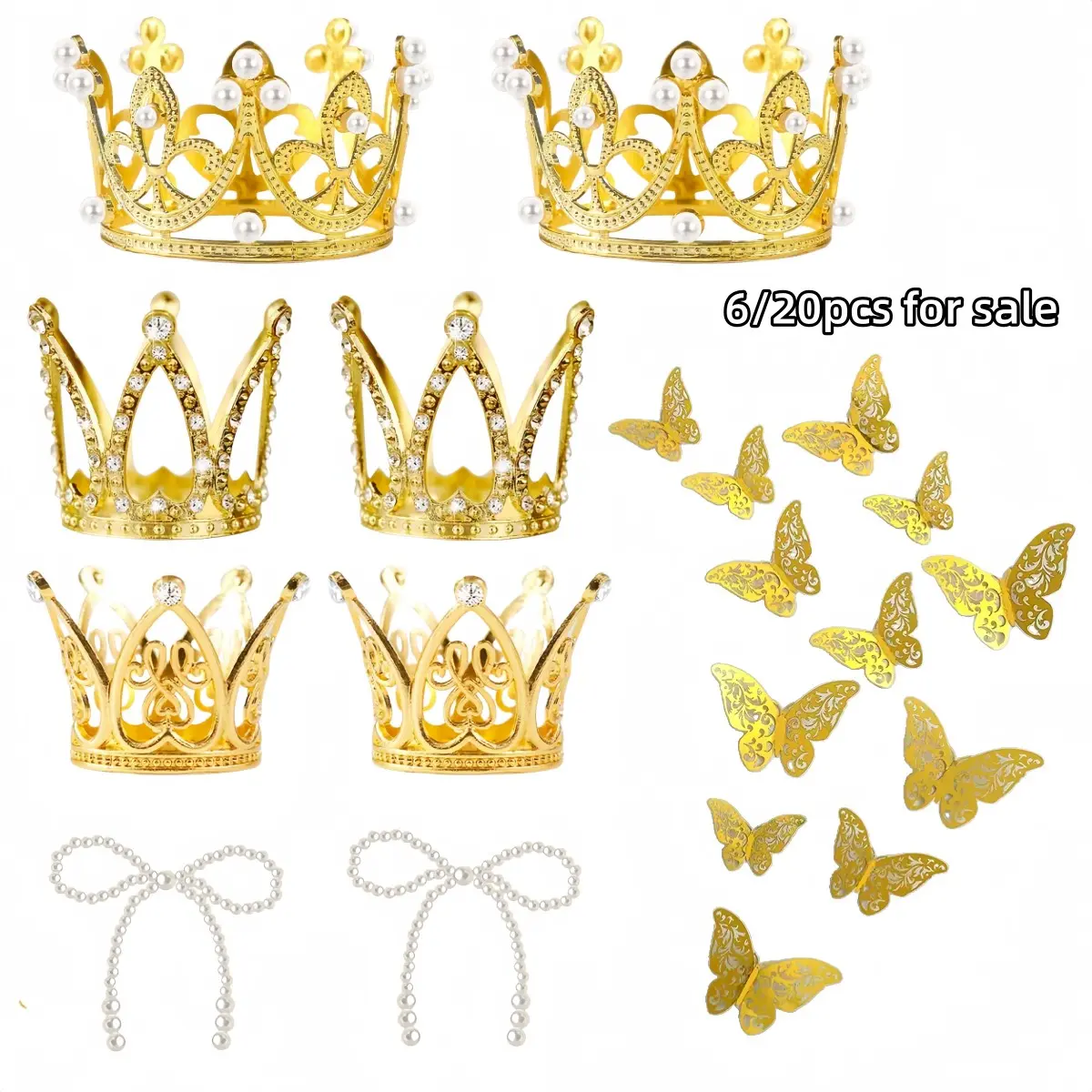 1 set of mini crown cake top - butterfly sticker decoration, pearl bow set, suitable for DIY crown bouquet decoration at weddings, baby parties, gift giving parties, and birthday parties, Butterfly Cake Toppers, Butterfly Cake Decorations