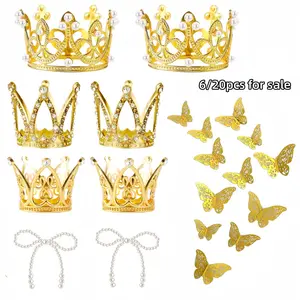 1 set of mini crown cake top - butterfly sticker decoration, pearl bow set, suitable for DIY crown bouquet decoration at weddings, baby parties, gift giving parties, and birthday parties