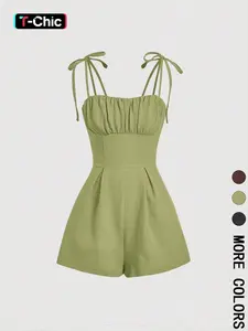 Women's Plain Tie Shoulder Romper, Casual Sleeveless Zipper Fitted Romper for Summer, Women's Clothes for Daily Wear, Everyday, Chic, Feminine, Womenswear