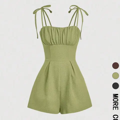 Women's Plain Tie Shoulder Romper Jumpsuit, Casual Sleeveless Zipper Fitted Romper for Summer, Women's Clothes for Daily Wear, Everyday, Chic, Feminine, Womenswear, Lady