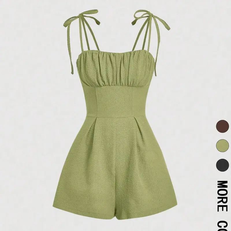 Women's Plain Tie Shoulder Romper Jumpsuit, Casual Sleeveless Zipper Fitted Romper for Summer, Women's Clothes for Daily Wear, Everyday, Chic, Feminine, Womenswear, Lady