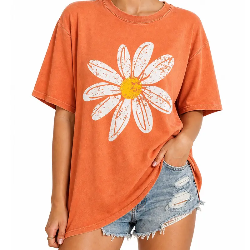 Holafish Women's Plus Size Oversized Acid-Wash Short-Sleeve Crew Neck Graphic Tee - Drop-Shoulder, Vintage Faded Daisy Print, Soft Heavy Cotton, Teenage Dirtbag Aesthetic, Casual Streetwear, 1-5XL, Unisex Beach-Ready Top, Pairs with Shorts/Jeans