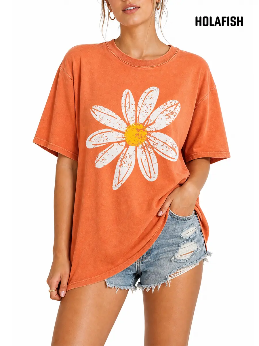 Holafish Women's Classic Short-Sleeve Baggy Vintage Daisy Graphic Acid Wash Drop-Shoulder T-Shirt Plus Size - Soft Midweight Cotton Piece for Casual Streetwear, Shortsleeve Tshirt Unisex,Graphic Tops Vintage Faded Look S-5XL, Oversized, Floral, 2000S Aest