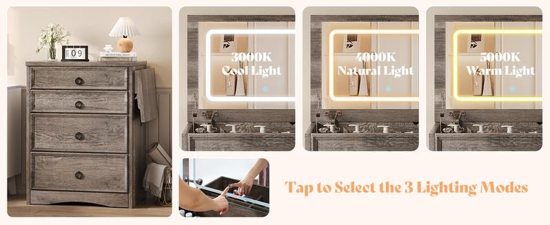 AMERLIFE 3-in-1 Makeup Vanity with Sliding Stool, Fold-up Panel, Divided Storage & Power Port, Farmhouse Makeup Table with Adjustable LED Light, for Small Space/Best Gift Ideas/Christmas Gifts AMERLIFE 3-in-1 Makeup Vanity with Sliding Stool, Fold-up Panel, Divided Storage & Power Port, Farmhouse Makeup Table with Adjustable LED Light, for Small Space/Best Gift Ideas/Christmas Gifts