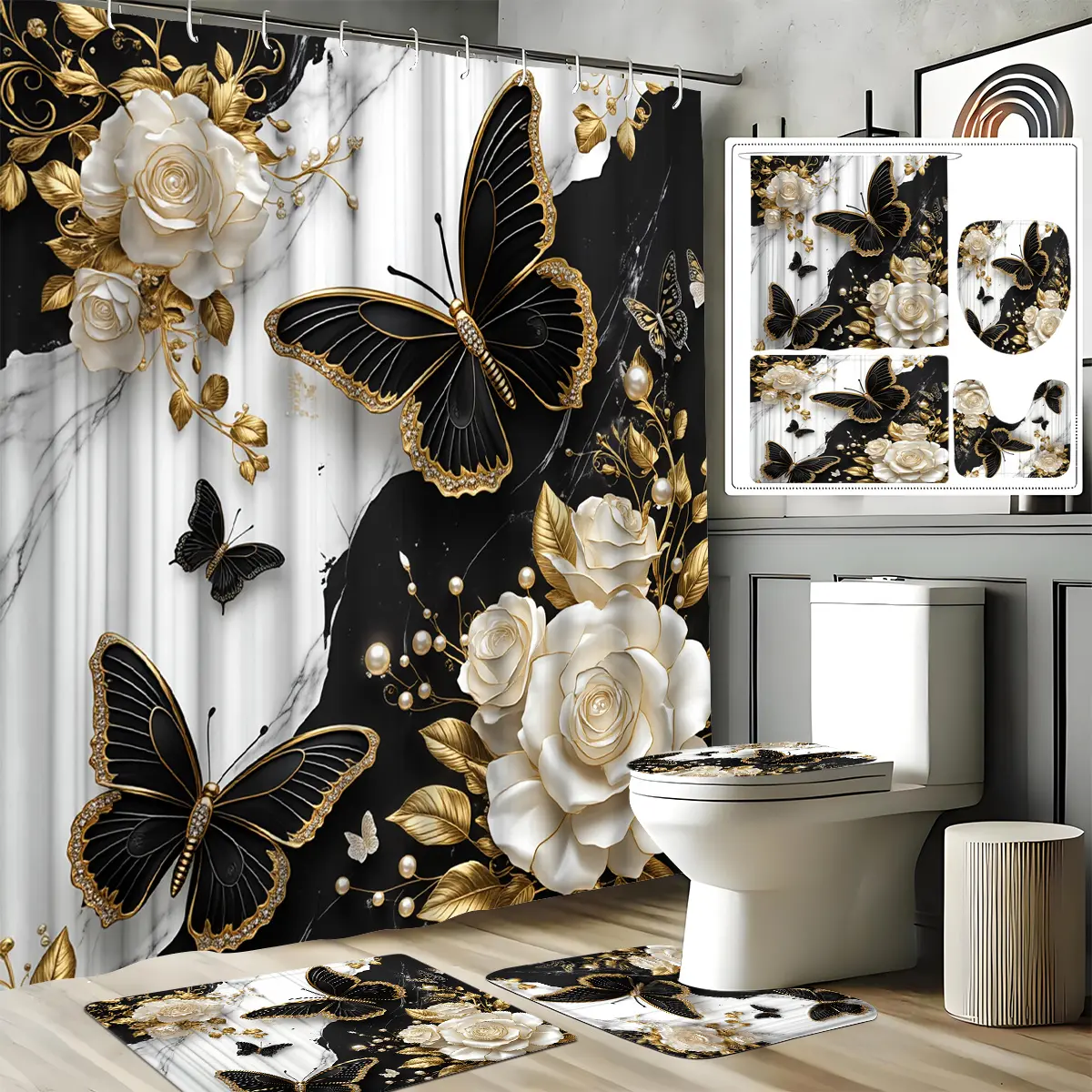 4-Piece Bathroom Flannel Set - Waterproof Polyester Shower Curtain with Marble-Effect Butterfly Print, Non-Slip Floor Mat, U-Shaped Carpet, Toilet Seat Cover, 70.9x70.9in Cord, 12 Durable Hooks, Handwash Simple Home Bathrooms Decor, Retro Vintage, 70.9X70