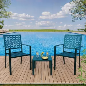 3 Piece Outdoor Stackable Patio Furniture with a Coffee Table and 2 Chairs, Metal  Set, for Indoor Outdoor Backyard, Deck, Balcony, Pool