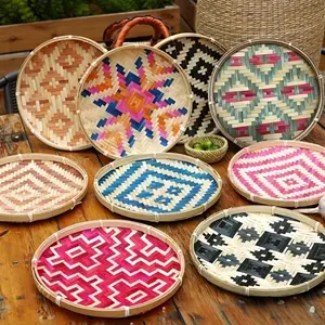 1pc Bohemian Style Bamboo Decorative Tray - Home Drying And Storage Basket, Decorative Tray, Colorful Bamboo Woven Sieve, Multifunctional Home Fruit Storage Basket, Snack Tray, Wall-Mounted Decorative Tray, Home Goods