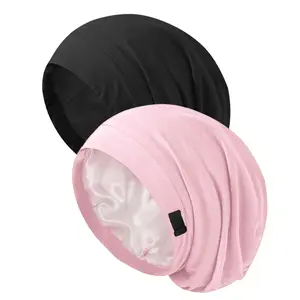 2pcs, Unisex Baggy Hat Double Layer Satin Lining Night Muslim Sleep Cap Ladies Elastic Adjustable Beanie Headwrap Hair Care Chemo Cap satin  products