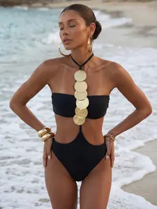 Solid Black Halter Cutout One Piece Swimsuit With Vertical Stacked Gold Disc Metal Hardware High Leg Cheeky Monokini