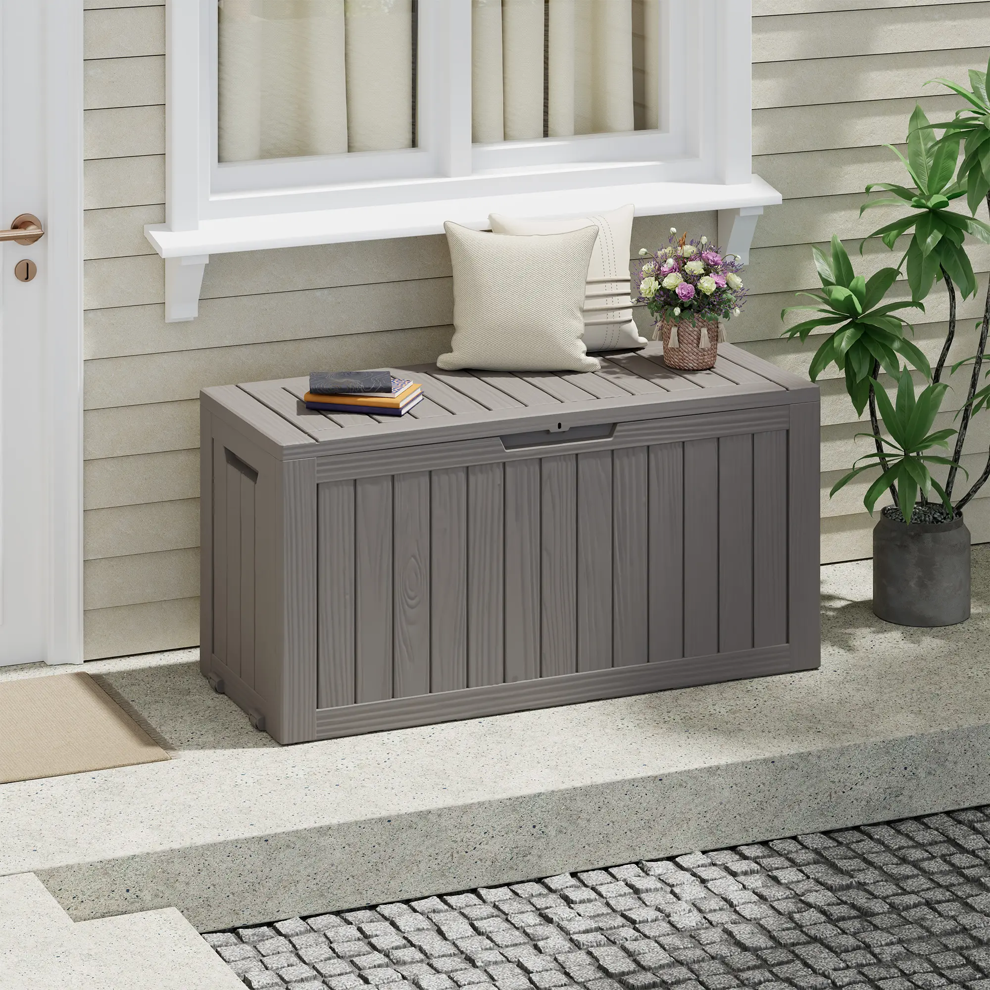 RIWENGO 72 Gallon Waterproof Outdoor Storage Box, Lockable UV Resistant Patio Storage Bench, Storage Bin for Cushions, Toys and Garden Tools